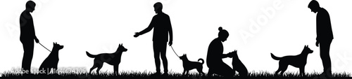 Dog obedience training silhouette, trainer with dog, pet behavior, leash walking, sit command, outdoor training, dog control, puppy training