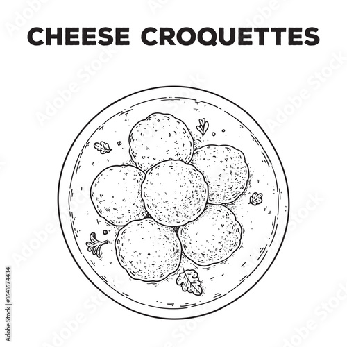 Cheese croquettes sketch. Hand drawn vector illustration. Gastropub, gastrobar, pub food. Detailed design element. Top view.