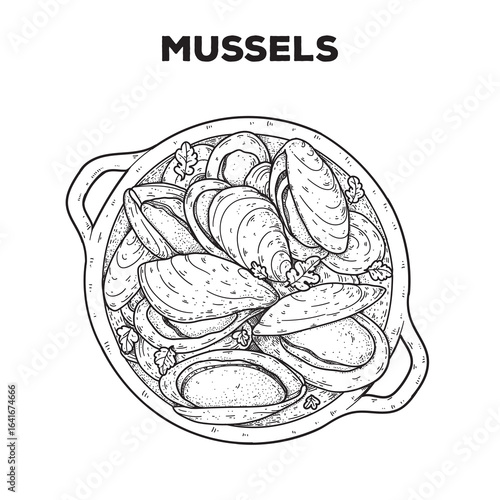 Mussels plate sketch. Hand drawn vector illustration. Gastropub, gastrobar, pub food. Detailed design element. Top view.
