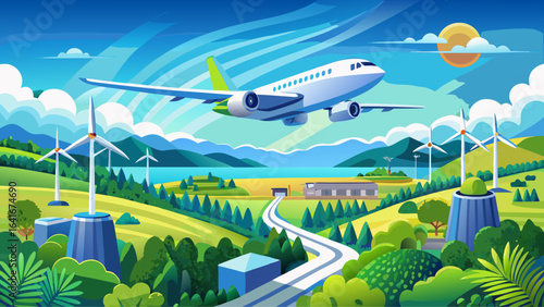 An airplane using biofuel soars gracefully above a verdant countryside beneath a seamless blue sky, highlighting sustainable aviation fuel, merging innovation and nature in a harmonious vision of gree