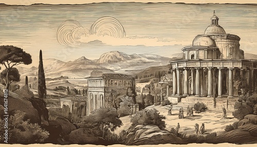 vintage hand drawn engravings of ancient landscapes and architecture for retro design projects