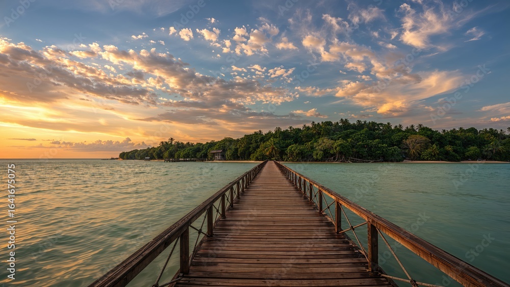 Fototapeta premium Historic waterfront structure with a stunning sunset backdrop.