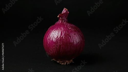 Lone red onion set on a bla...