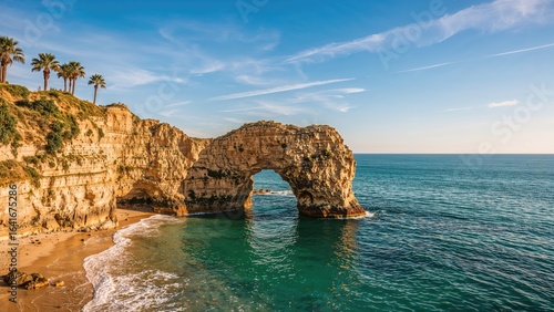 Stone archway over the sea at a coastal beach with natural caves during summer.