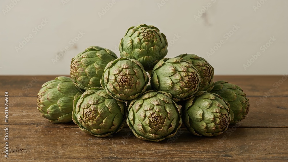Obraz premium Natural artichoke flower buds arranged on a wooden tabletop