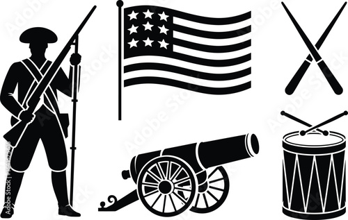 American Civil War Illustration with Union Soldier Flag and Cannon Black and White