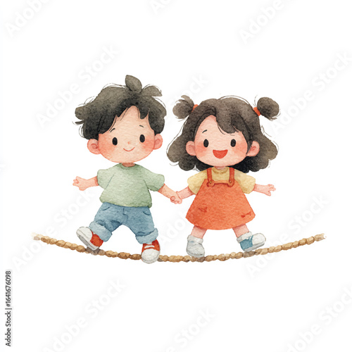 Watercolor Children Balancing on Rope Holding Hands Wearing Colorful Clothes