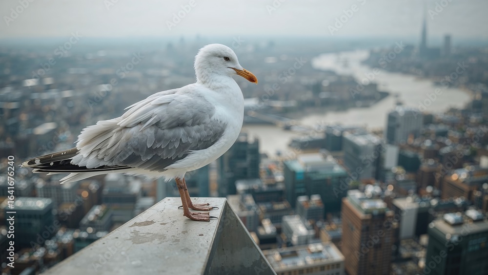 Obraz premium Bird resting on a building ledge surrounded by out-of-focus metropolitan scenery.