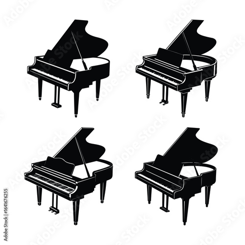 Four Grand Pianos in a Grid Pattern Black and White Musical Instrument Illustration