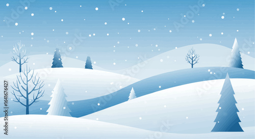 A serene winter landscape featuring snow-covered hills, trees, and falling snowflakes.