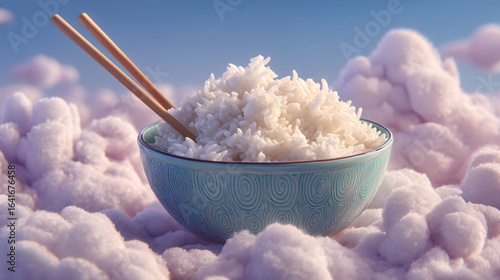 A bowl of rice with chopsticks resting on clouds against a blue sky background surreal scene
