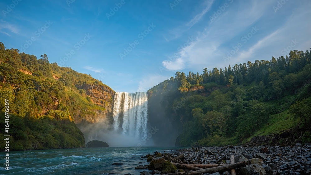 Fototapeta premium Magnificent outlook on a vibrant, energetic waterfall illuminated by the bright sun. An extraordinary and scenic display. The planet's beauty.
