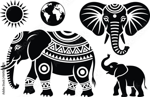 Tribal Elephant Designs with Earth Globe