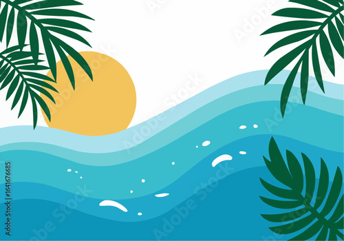 Tropical ocean scene with sun and palm leaves, stylized illustration.