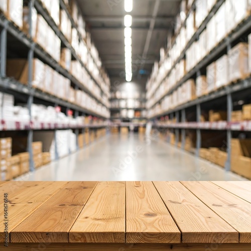 Wallpaper Mural A wooden surface overlays a blurred warehouse interior, showcasing tall shelves filled with boxes Torontodigital.ca