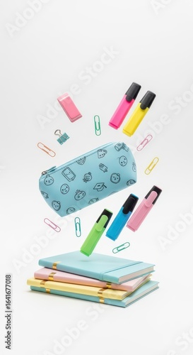 A colorful stationery arrangement featuring a pencil case, notebooks, and highlighters.