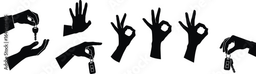 Hand gestures silhouettes holding keys, open palm, OK signs, keyring clipart, black and white vector icons, car key gestures