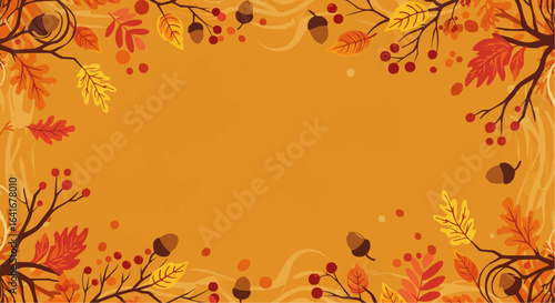 Autumnal frame featuring leaves, acorns, and berries on branches against an orange background with subtle wavy lines.