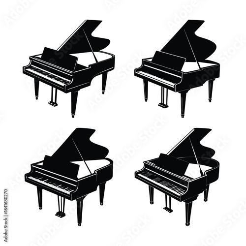 Four Grand Pianos Arranged in a Grid Pattern Black and White Musical Instrument Illustration