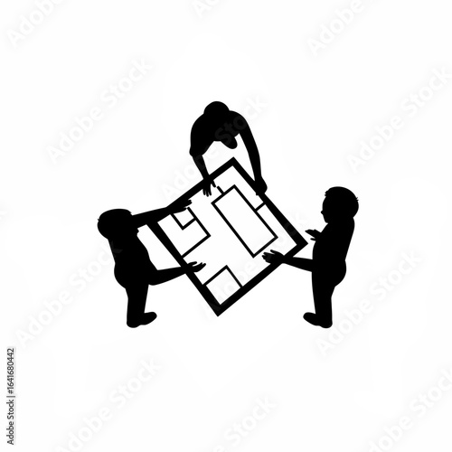 Diverse team of architects collaborating on a project silhouette isolated on white background