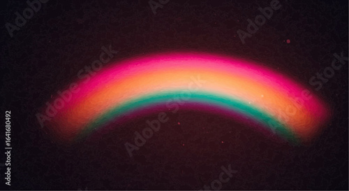 A vibrant, curved rainbow arc glows intensely against a dark background.