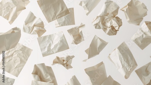 Multiple scattered papers hovering over a white surface. Abstract and creative photography for editing.