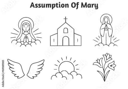 Assumption of Mary outline icons set, religious Christian holy feast design, assumption Of Mary vector icons set 