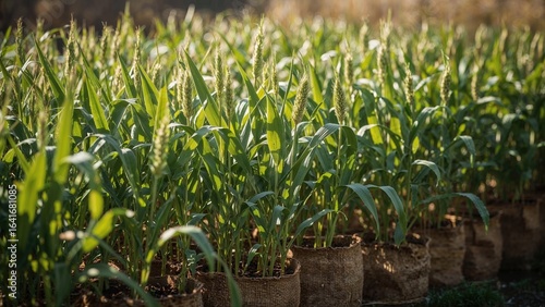 Healthy sorghum in planter sacks under bright sunlight, representing green urban cultivation.