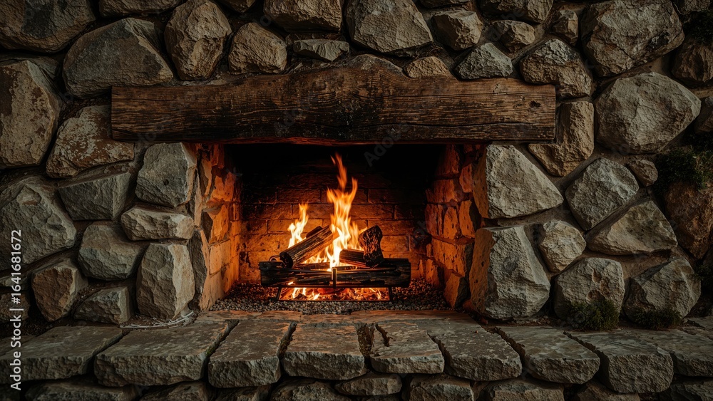 Fototapeta premium Stone hearth in a rustic lodge with flames, close-up view capturing natural light