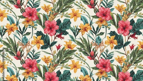 Infinite floral and leafy tropical motif