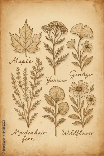 Vintage botanical illustration on aged parchment featuring detailed hand-drawn plants including maple, yarrow, ginkgo, maidenhair fern, and wildflowers, perfect for educational, decorative, or herbal 