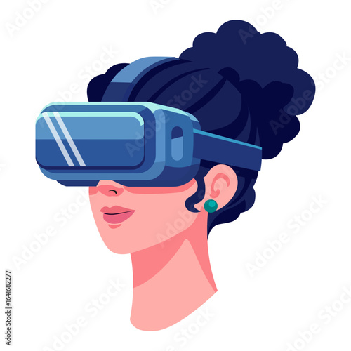 Illustration of a woman's face wearing dark blue VR (Virtual Reality) glasses, representing virtual world technology. Vector illustration.
