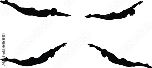 Silhouette of people diving in different positions, swimming action, sport motion, water activity, aquatic movement, synchronized dive concept