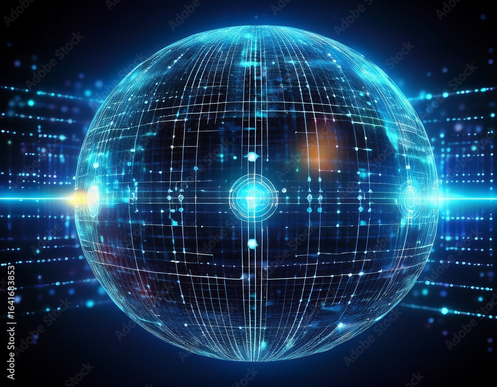 Fototapeta premium a glowing wireframe sphere pulsates with digital coded lights against a dark background symbolizing advanced technology data transfer and futuristic communication in the digital age