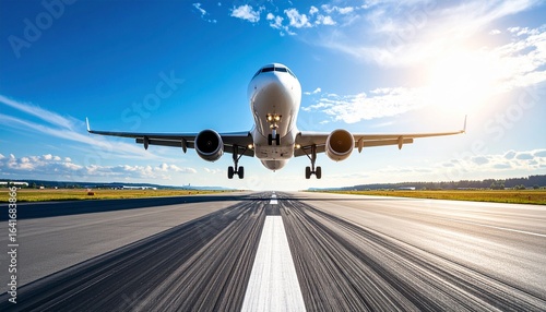 滑走路から飛び立つ旅客機と青空