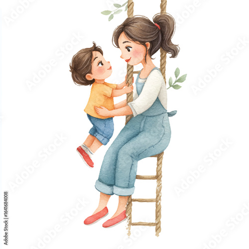 Watercolor depiction of a mother and child on a rope ladder looking lovingly