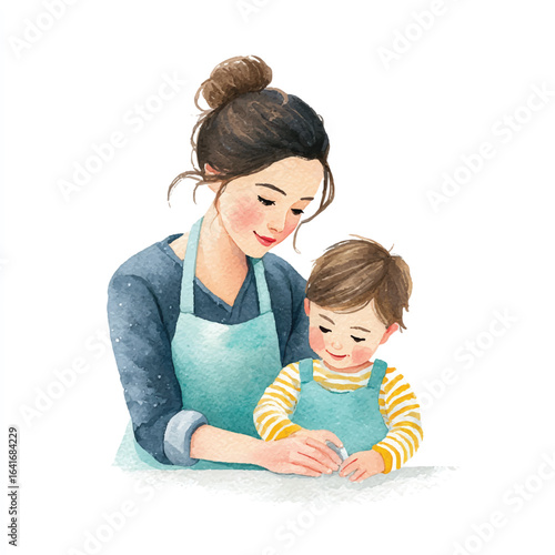 Watercolor depiction of a mother and child sharing a tender moment