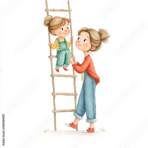 Watercolor depiction of a mother assisting her child climbing a rope ladder