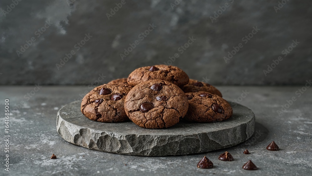 Fototapeta premium Stack of chocolate cookies on a rustic stone platter
