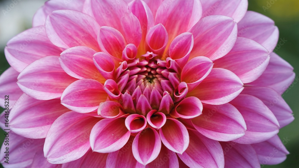 Fototapeta premium Close-up of a pink dahlia in bloom, petals unfolding in spiral detail, soft bokeh clean background