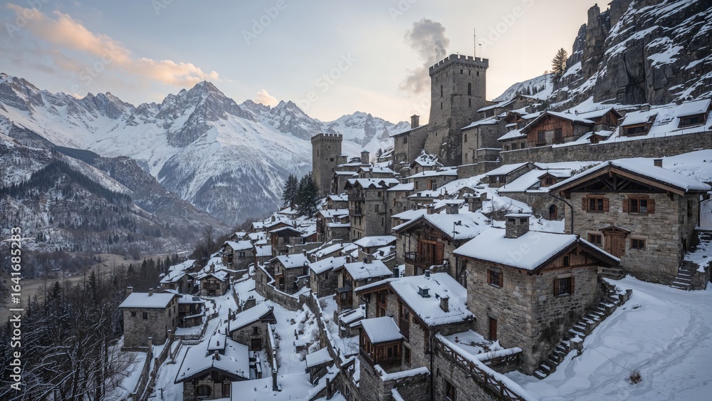 Fototapeta premium Mountain hamlet featuring old stone architecture and surrounding peaks