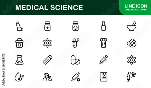 Medical Science Professional Line Icon Set – Modern Vector Healthcare Symbols for Clinics and Labs