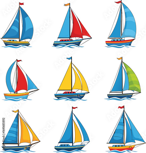 Colorful cartoon sailing boat collection on white background for travel and nautical concepts