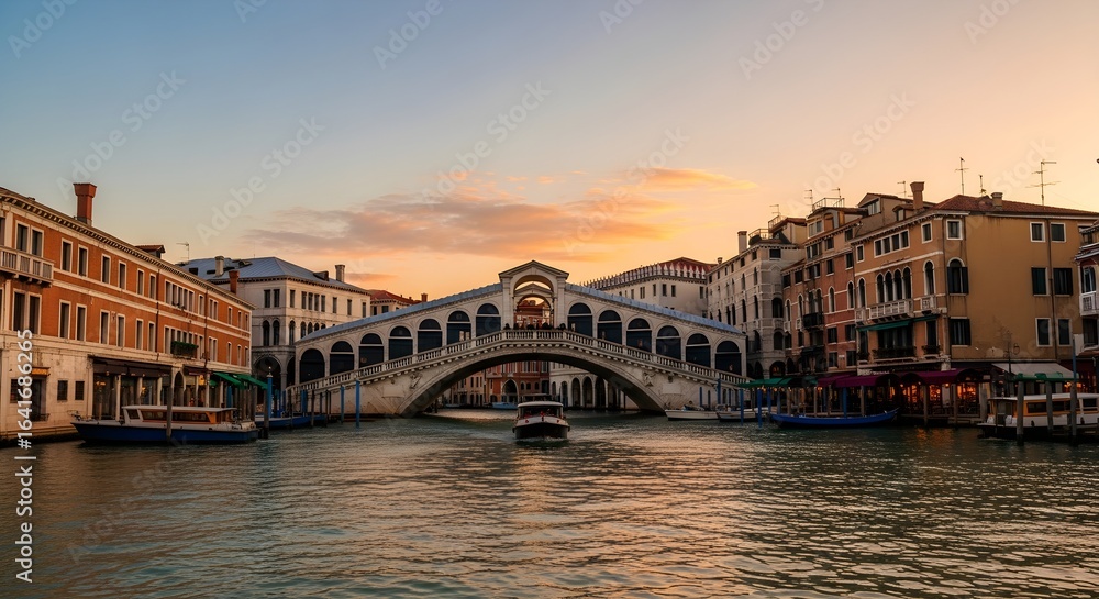 Fototapeta premium Venetian Sunset: Gondola Navigating the Rialto Bridge's Golden Hour