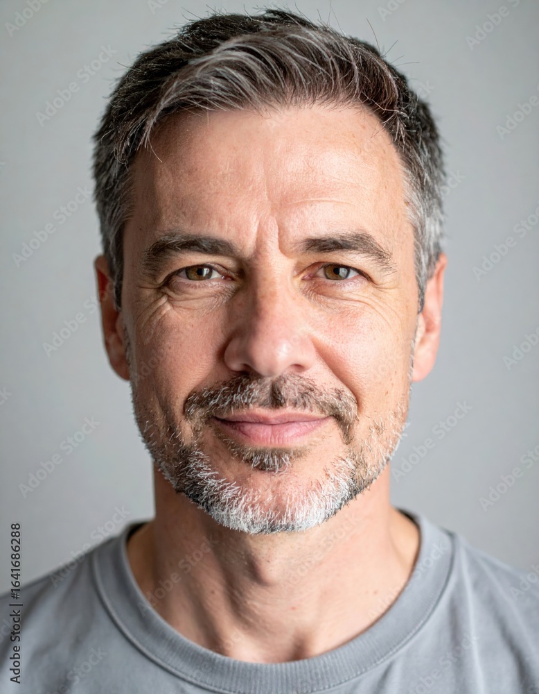 Obraz premium A close-up portrait of a mature man with a friendly expression, gray hair, and a beard, wearing a simple gray shirt against a neutral background.