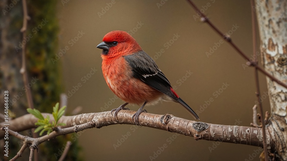 Male Pine Grosbeak with Red Feathers Sitting Against a Brown Backdrop Male Pine Grosbeak with Red Feathers Sitting Against a Brown Backdrop