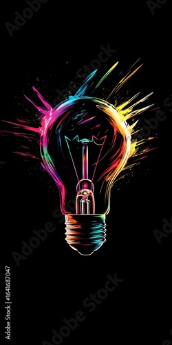 Colorful abstract light bulb with vibrant paint splashes on black