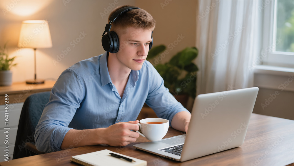 Young man in blue shirt using laptop with headphones and cup of tea at home office desk Young man in blue shirt using laptop with headphones and cup of tea at home office desk