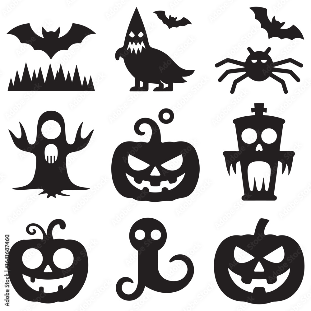 Fototapeta premium Halloween Symbols in Silhouette – Flat Vector Pack. Vector black silhouette. with white background.
