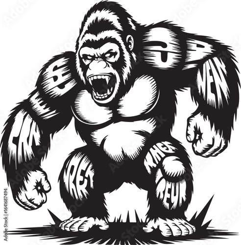 Powerful Gorilla With Text On Body Black And White Illustration primate strong